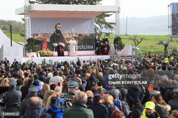 Pope Francis during his visit in the birthplace of Padre Pio, the famous Saint known for his miracles. Pope Francis waves to faithfuls during his...