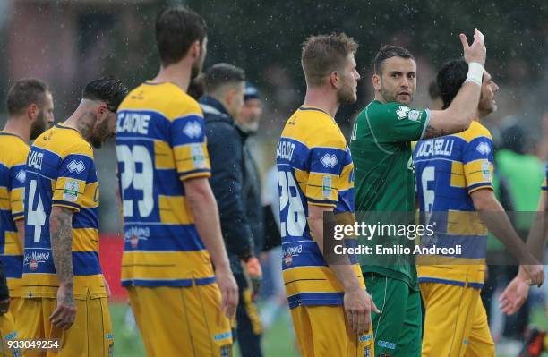 Pierluigi Frattali of Parma Calcio 1913 reacts at the end of the serie B match between Virtus Entella and Parma Calcio at Stadio Comunale on March...
