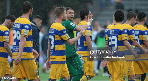 Pierluigi Frattali of Parma Calcio 1913 gestures at the end of the serie B match between Virtus Entella and Parma Calcio at Stadio Comunale on March...