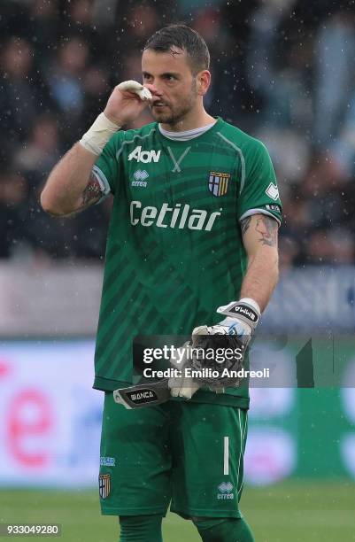 Pierluigi Frattali of Parma Calcio 1913 reacts at the end of the serie B match between Virtus Entella and Parma Calcio at Stadio Comunale on March...