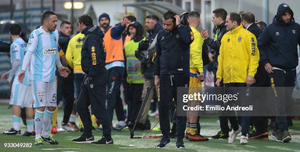 Parma Calcio 1913 coach Roberto D'Aversa reacts at the end of the serie B match between Virtus Entella and Parma Calcio at Stadio Comunale on March...