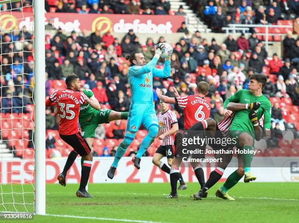 Sunderland's Lee Camp makes the ball safe with Jake Clarke-Salter defending during the Sky Bet Championship match between Sunderland and Preston...