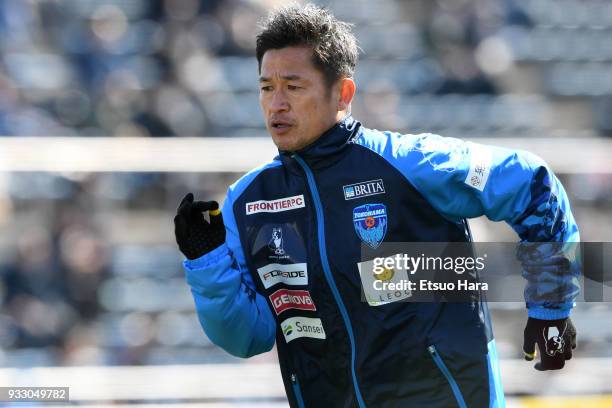 Kazuyoshi Miura of Yokohama FC warms up prior to the J.League J2 match between Yokohama FC and Albirex Niigata at Nippatsu Mitsuzawa Stadium on March...