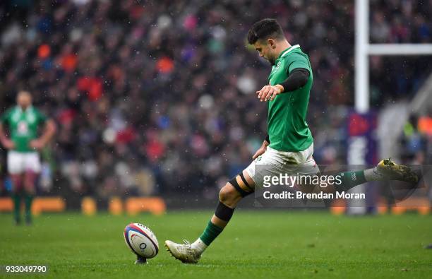 London , United Kingdom - 17 March 2018; Conor Murray of Ireland kicks a penalty during the NatWest Six Nations Rugby Championship match between...