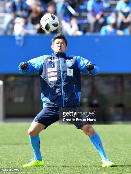 Kazuyoshi Miura of Yokohama FC warms up prior to the J.League J2 match between Yokohama FC and Albirex Niigata at Nippatsu Mitsuzawa Stadium on March...