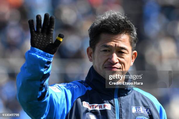 Kazuyoshi Miura of Yokohama FC is seen prior to the J.League J2 match between Yokohama FC and Albirex Niigata at Nippatsu Mitsuzawa Stadium on March...