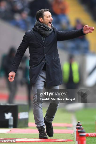 Coach Niko Kovac of Frankfurt gestures during the Bundesliga match between Eintracht Frankfurt and 1. FSV Mainz 05 at Commerzbank-Arena on March 17,...