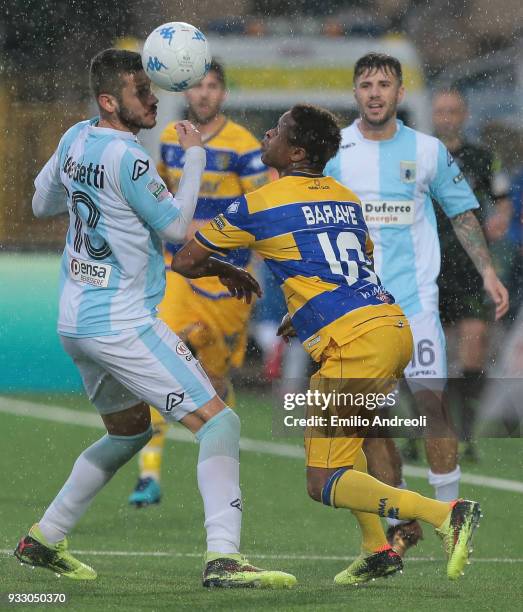 Simone Benedetti of Virtus Entella competes for the ball with Yves Baraye of Parma Calcio 1913 during the serie B match between Virtus Entella and...