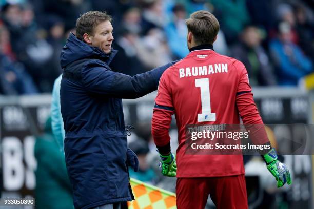 Coach Julian Nagelsmann of Hoffenheim, Oliver Baumann of Hoffenheim during the German Bundesliga match between Borussia Monchengladbach v 1899...