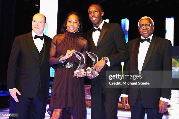 400m World Champion and 4×400m Olympic Champion Sanya Richards of USA and World and Olympic Sprint Champion Usain Bolt pose alongside Prince Albert...