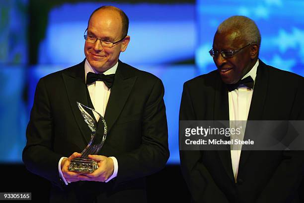 Prince Albert II of Monaco and IAAF President Lamine Diack looks on during the Iaaf World Athletics Gala at the Sporting Club on November 22, 2009 in...