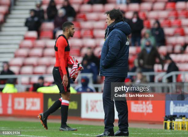 Chris Coleman watches on as Jake Clarke-Salter walks off after being sent off during the Sky Bet Championship match between Sunderland and Preston...