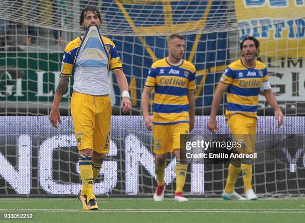 Gianni Munari of Parma Calcio 1913 reacts during the serie B match between Virtus Entella and Parma Calcio at Stadio Comunale on March 17, 2018 in...