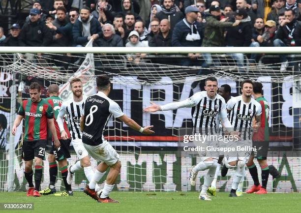 Emanuele Padella of Ascoli Picchio celebrates after scoring the opening goal during the Serie B match between Ascoli Picchio and Ternana Calcio at...