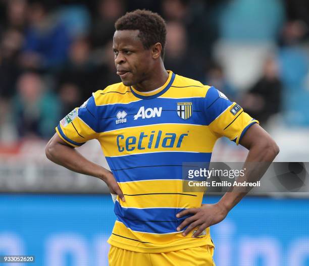 Yves Baraye of Parma Calcio 1913 looks on during the serie B match between Virtus Entella and Parma Calcio at Stadio Comunale on March 17, 2018 in...