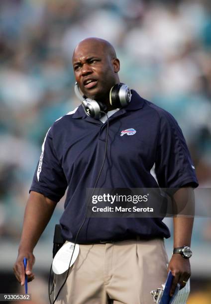 Head Coach Perry Fewell of the Buffalo Bills watches his team against the Jacksonville Jaguars at Jacksonville Municipal Stadium on November 22, 2009...