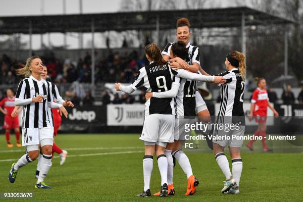 Barbara Bonansea of Juventus Women celebrates a goal with team mates during the serie A match between Juventus Women and Pink Bari at Juventus Center...