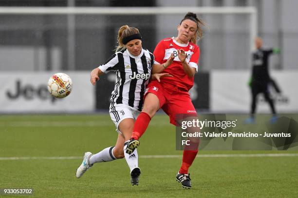 Tujia Hyyrynen of Juventus Women is tackled during the serie A match between Juventus Women and Pink Bari at Juventus Center Vinovo on March 17, 2018...