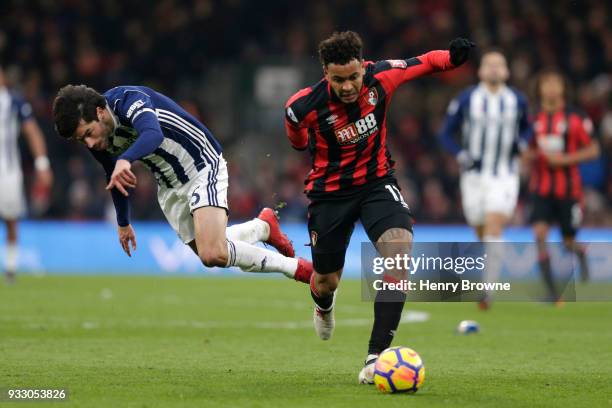 Claudio Yacob of West Bromwich Albion and Joshua King of AFC Bournemouth battle for the ball during the Premier League match between AFC Bournemouth...