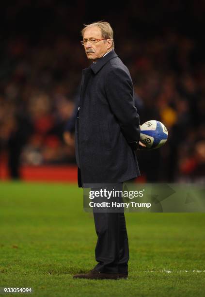 Jacques Brunel head coach of France looks on prior to the NatWest Six Nations match between Wales and France at Principality Stadium on March 17,...