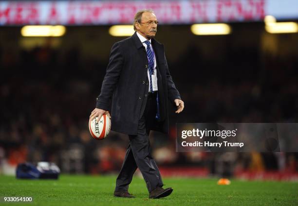 Jacques Brunel head coach of France looks on prior to the NatWest Six Nations match between Wales and France at Principality Stadium on March 17,...