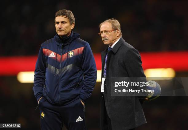 Jacques Brunel head coach of France looks on prior to the NatWest Six Nations match between Wales and France at Principality Stadium on March 17,...