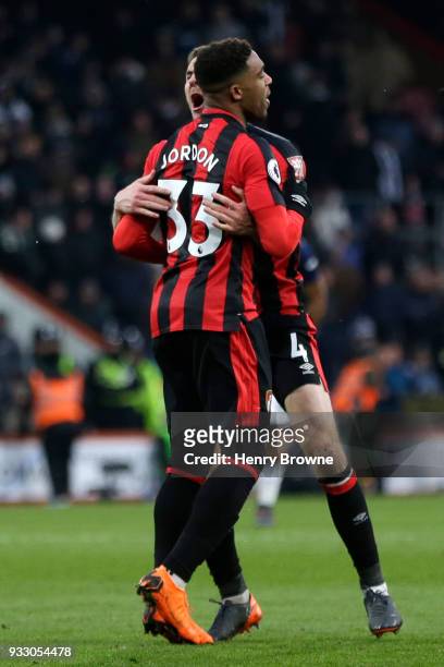 Jordon Ibe of AFC Bournemouth celebrates scoring his side's first goal with Dan Gosling during the Premier League match between AFC Bournemouth and...