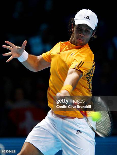 Fernando Verdasco of Spain returns the ball during the men's singles first round match against Roger Federer of Switzerland during the Barclays ATP...