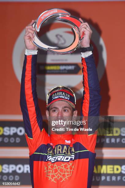 Podium / Vincenzo Nibali of Italy and Team Bahrain-Merida / Celebration / Trophy / during the 109th Milan-Sanremo 2018 a 291km race from Milan to...