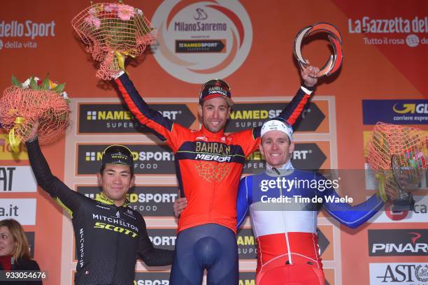 Podium / Caleb Ewan of Australia and Team Mitchelton-Scott / Vincenzo Nibali of Italy and Team Bahrain-Merida / Arnaud Demare of France and Team...