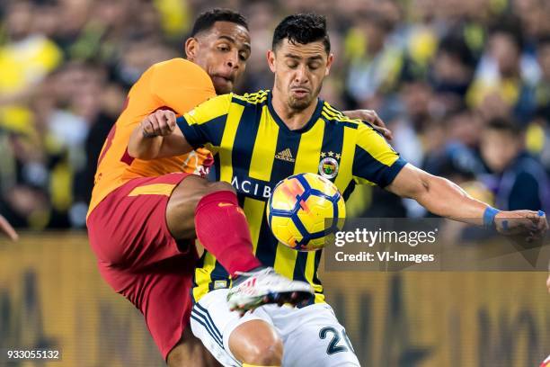 Fernando Francisco Reges of Galatasaray SK, Giuliano Victor de Paula of Fenerbahce SK during the Turkish Spor Toto Super Lig match Fenerbahce AS and...