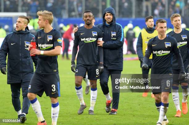 Hamburg, GERMANY Peter Pekarik, Salomon Kalou, Vedad Ibisevic and Mitchell Weiser of Hertha BSC after the Bundesliga game between Hamburger SV and...