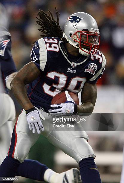 Laurence Maroney of the New England Patriots carries the ball against the New York Jets on November 22, 2009 at Gillette Stadium in Foxboro,...