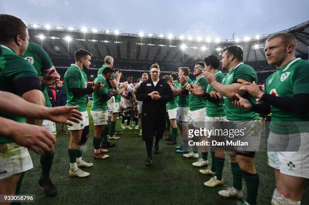 Dylan Hartley of England is applauded by the Ireland team as he leaves the pitch, following the NatWest Six Nations match between England and Ireland...