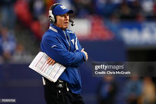 Head coach Tom Coughlin of the the New York Giants watches on from the sideline against the Atlanta Falcons on November 22, 2009 at Giants Stadium in...