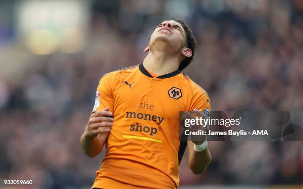 Morgan Gibbs-White of Wolverhampton Wanderers reacts after missing a chance to score during the Sky Bet Championship match between Wolverhampton...