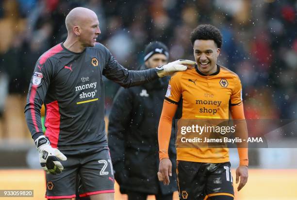 John Ruddy and Helder Costa of Wolverhampton Wanderers at full time during the Sky Bet Championship match between Wolverhampton Wanderers and Burton...