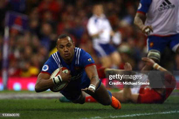 Gael Fickou of France scores his side's first try during the NatWest Six Nations match between Wales and France at Principality Stadium on March 17,...