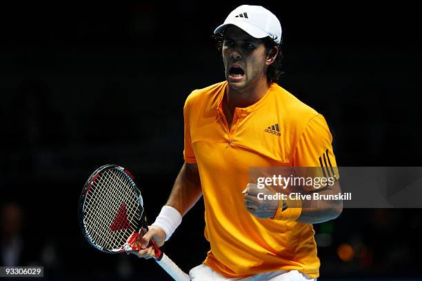 Fernando Verdasco of Spain reacts during the men's singles first round match against Roger Federer of Switzerland during the Barclays ATP World Tour...