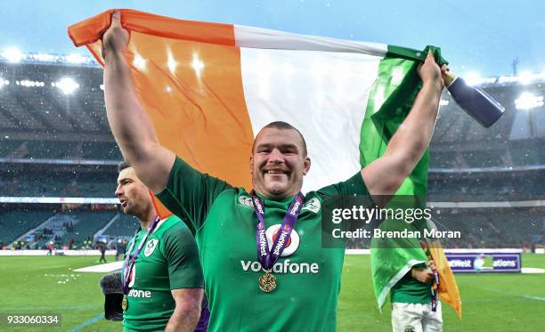 London , United Kingdom - 17 March 2018; Jack McGrath of Ireland celebrates after the NatWest Six Nations Rugby Championship match between England...