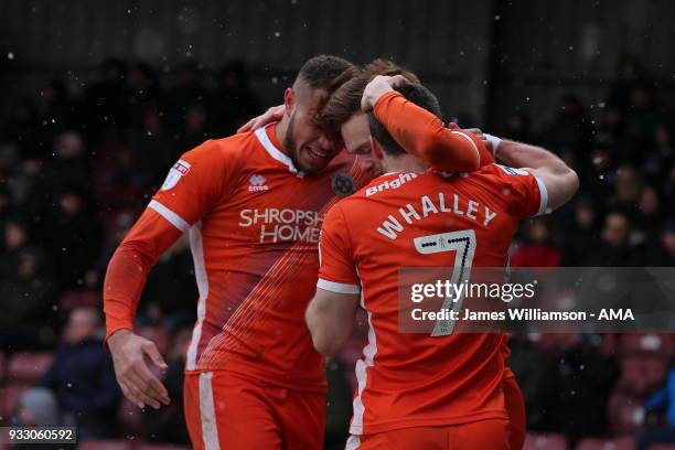 Jon Nolan of Shrewsbury Town celebrates after scoring a goal to make it 1-1 during the Sky Bet League One match between Scunthorpe United and...