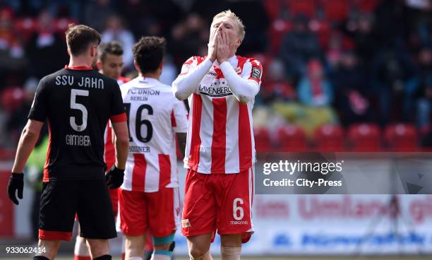 Benedikt Gimber of SSV Jahn Regensburg and Kristian Pedersen of 1 FC Union Berlin during the Bundesliga game between Union Berlin and SSV Jahn...