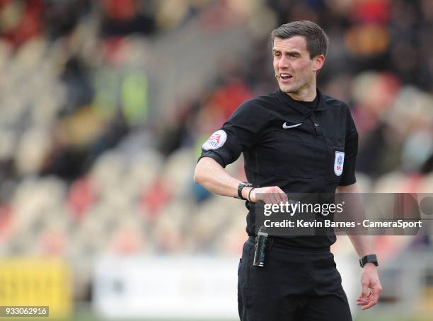 Referee Craig Hicks during the Sky Bet League Two match betweenNewport County and Luton Town at Rodney Parade on March 16, 2018 in Newport, Wales.