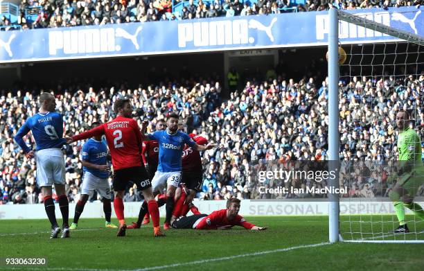 Russell Martin of Rangers hits the post with a header during the Ladbrokes Scottish Premiership match between Rangers and Kilmarnock at Ibrox Stadium...