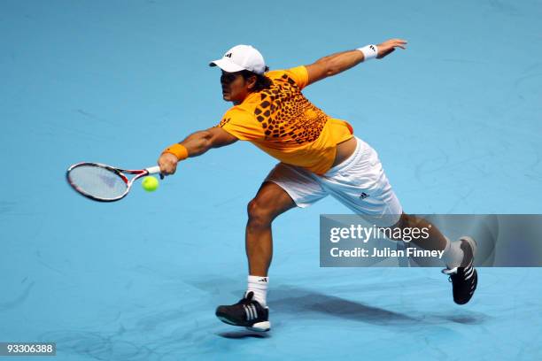 Fernando Verdasco of Spain returns the ball during the men's singles first round match against Roger Federer of Switzerland during the Barclays ATP...