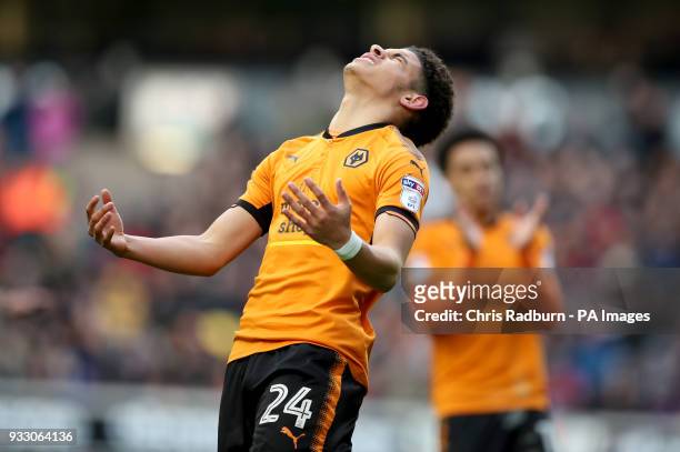 Wolverhampton Wanderers Morgan Gibbs-White reacts after a missed shot on goal during the Sky Bet Championship match at Molineux, Wolverhampton.
