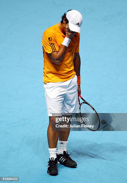 Fernando Verdasco of Spain reacts during the men's singles first round match against Roger Federer of Switzerland during the Barclays ATP World Tour...