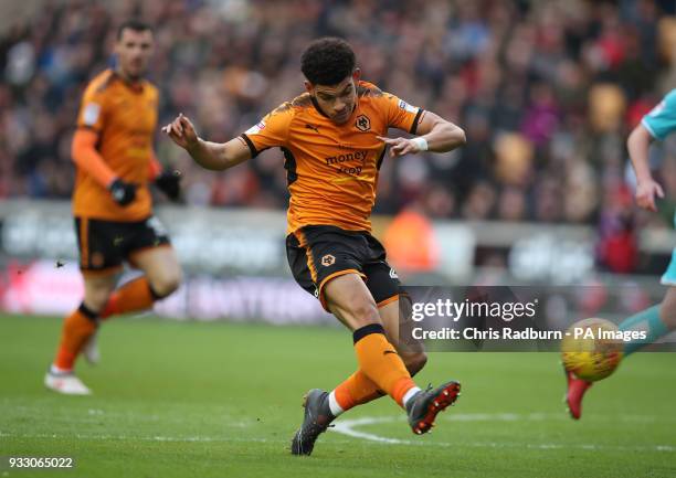 Wolverhampton Wanderers Morgan Gibbs-White has a shot on goal during the Sky Bet Championship match at Molineux, Wolverhampton.