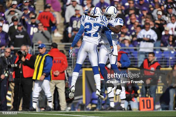Jacob Lacey and Tim Jennings of the Indianapolis Colts celebrate a play against the Baltimore Ravens at M&T Bank Stadium on November 22, 2009 in...