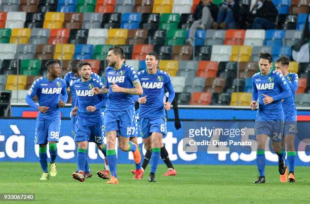 Sassuolo players celebrate after Khadim Ali Adnan of Udinese opening own goal during the serie A match between Udinese Calcio and US Sassuolo at...